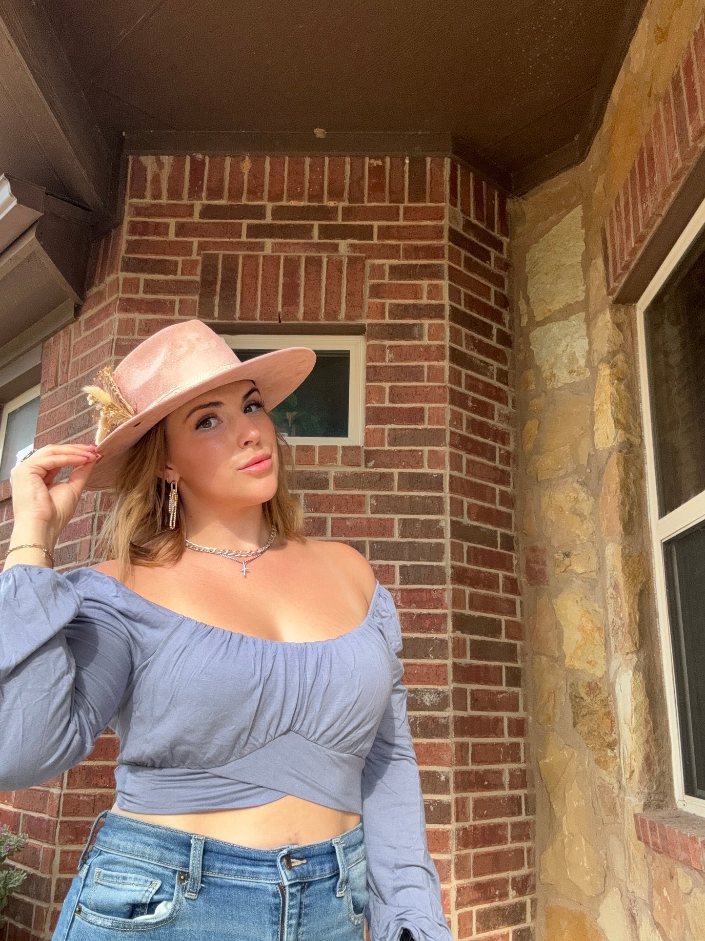 Square Neck Back Tie Puff Long Sleeve Crop Top